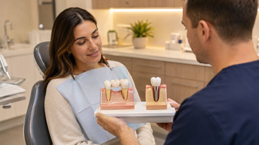 Dr. Sayeed explaining dental bridge and implant options to an adult patient in Walden, NY